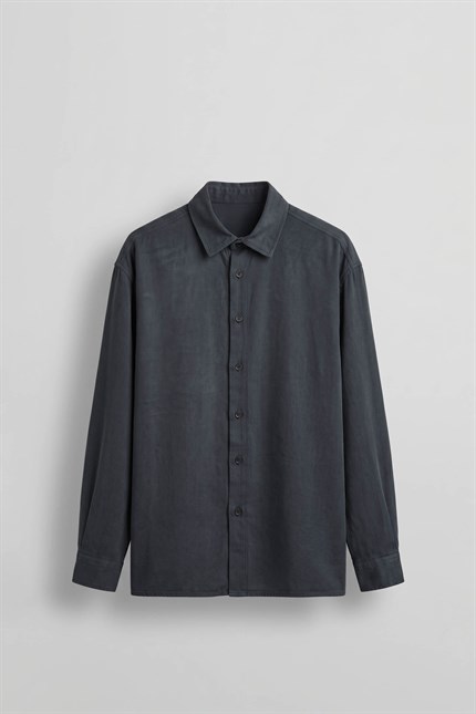 Erkek Oversize Tencel Karışımlı Uzun Kollu Gömlek Antrasit