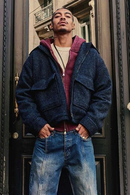 Erkek Oversize Tüylü Kaşe Ceket Lacivert