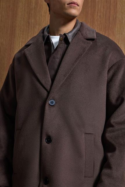 Erkek Oversize Uzun İtalyan Kaşe Kaban Koyu Kahve