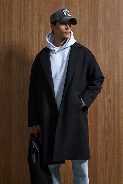 Erkek Oversize Uzun İtalyan Kaşe Kaban Siyah