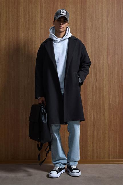 Erkek Oversize Uzun İtalyan Kaşe Kaban Siyah