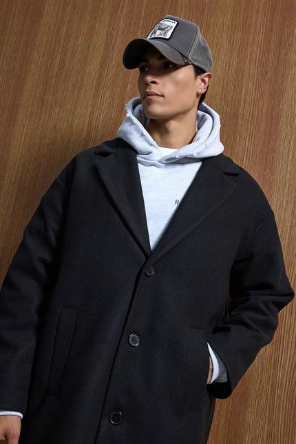 Erkek Oversize Uzun İtalyan Kaşe Kaban Siyah