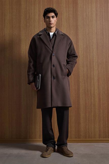 Erkek Oversize Uzun İtalyan Kaşe Kaban Koyu Kahve