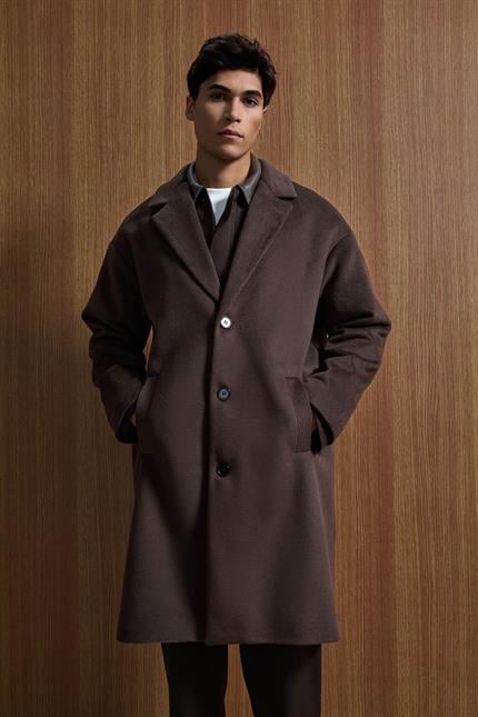 Erkek Oversize Uzun İtalyan Kaşe Kaban Koyu Kahve