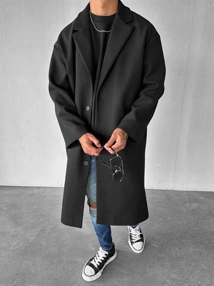 Erkek Oversize İtalyan Kaşe Kaban Palto Siyah