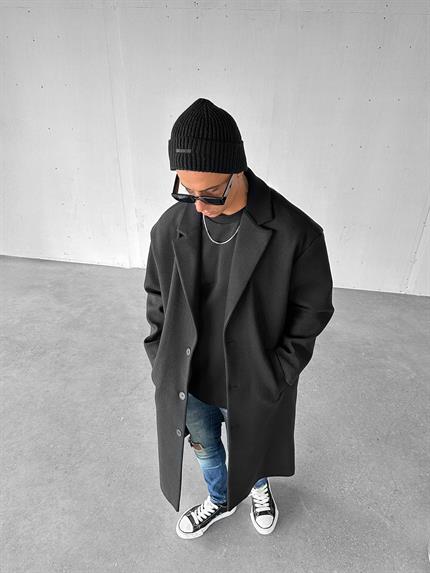 Erkek Oversize İtalyan Kaşe Kaban Palto Siyah