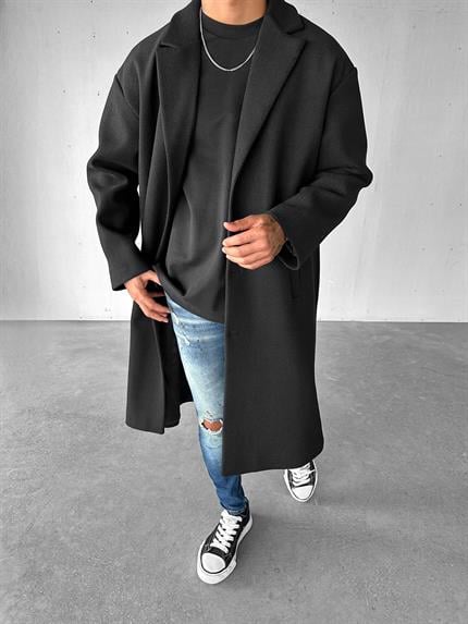 Erkek Oversize İtalyan Kaşe Kaban Palto Siyah