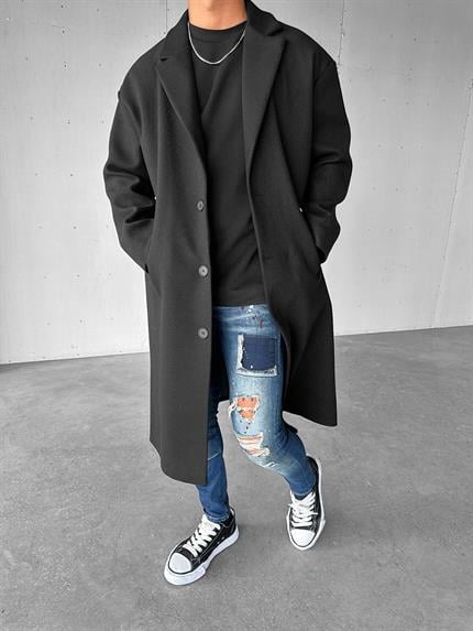 Erkek Oversize İtalyan Kaşe Kaban Palto Siyah