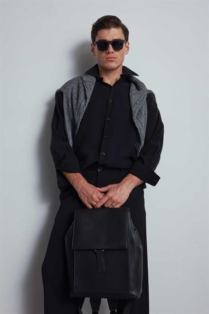 Erkek Oversize Uzun Kollu Basic Gömlek Siyah