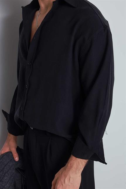 Erkek Oversize Uzun Kollu Basic Gömlek Siyah