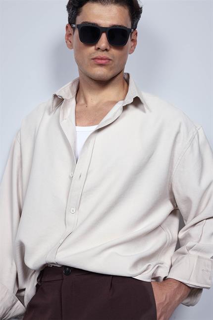 Erkek Oversize Uzun Kollu Basic Gömlek Bej