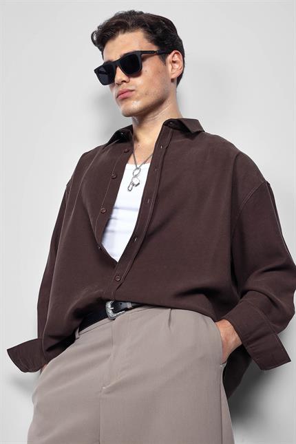 Erkek Oversize Uzun Kollu Basic Gömlek Kahverengi
