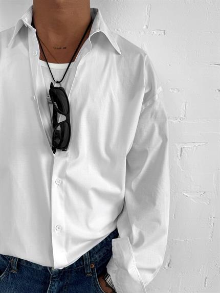 Erkek Oversize Uzun Kollu Basic Gömlek Beyaz
