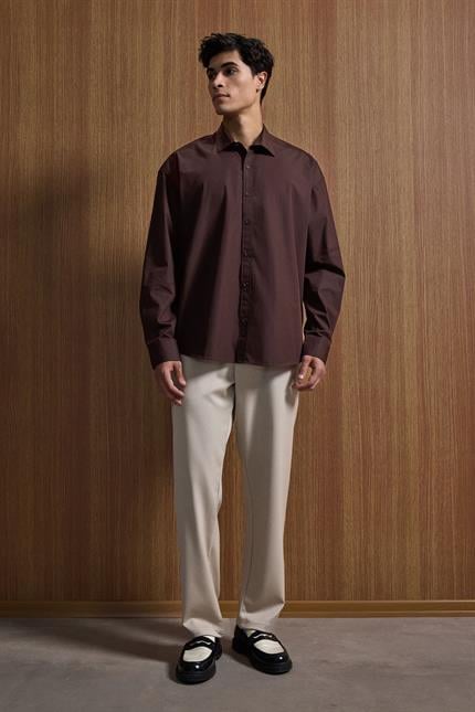 Erkek Oversize Uzun Kollu Basic Gömlek Kahverengi