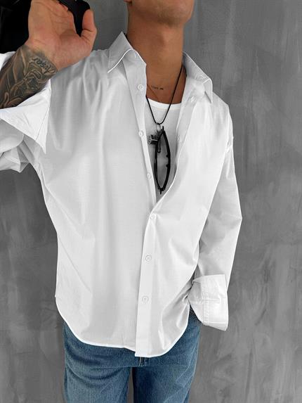 Erkek Oversize Uzun Kollu Basic Gömlek Beyaz