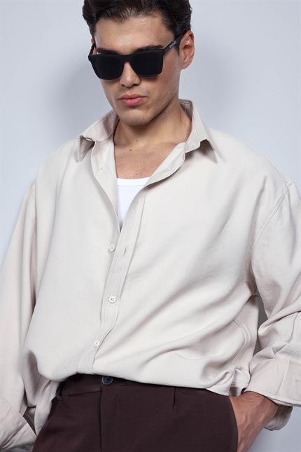 Erkek Oversize Uzun Kollu Basic Gömlek Bej