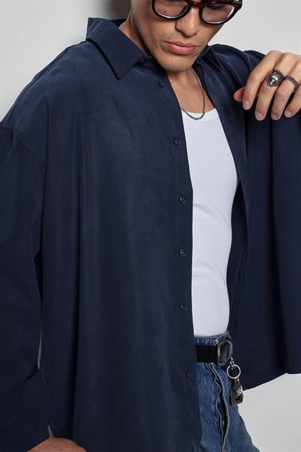 Erkek Oversize Uzun Kollu Basic Gömlek Lacivert