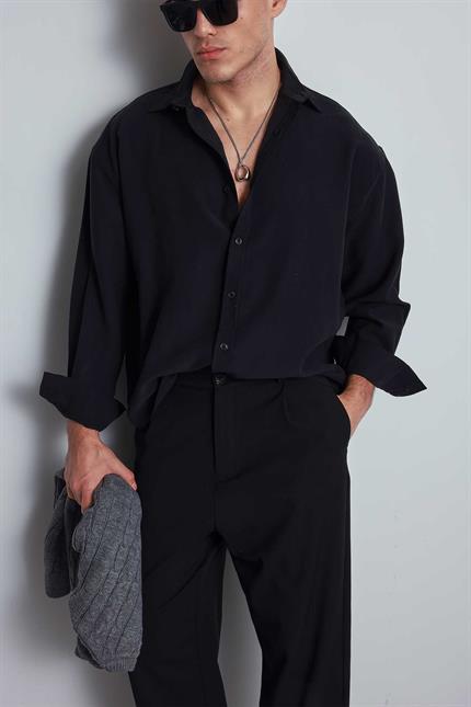 Erkek Oversize Uzun Kollu Basic Gömlek Siyah
