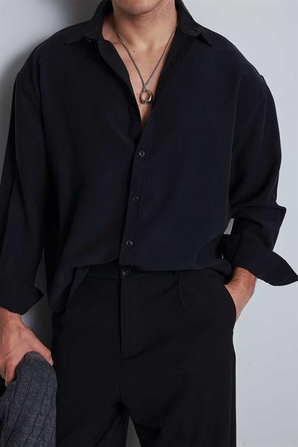 Erkek Oversize Uzun Kollu Basic Gömlek Siyah