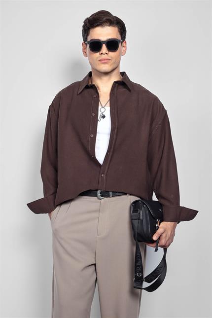 Erkek Oversize Uzun Kollu Basic Gömlek Kahverengi