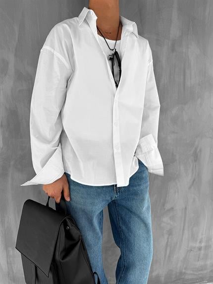 Erkek Oversize Uzun Kollu Basic Gömlek Beyaz