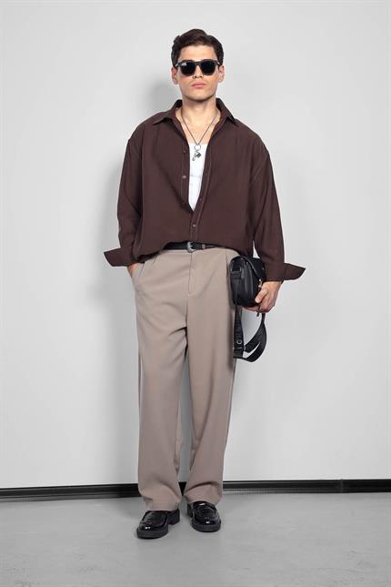 Erkek Oversize Uzun Kollu Basic Gömlek Kahverengi