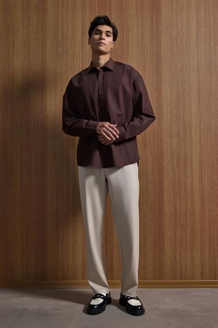 Erkek Oversize Uzun Kollu Basic Gömlek Kahverengi