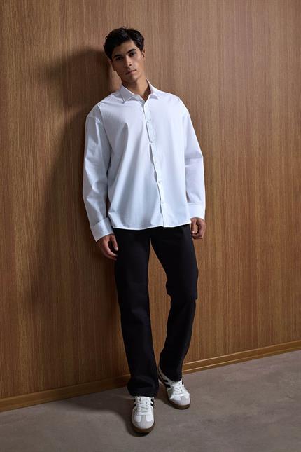 Erkek Oversize Uzun Kollu Basic Gömlek Beyaz