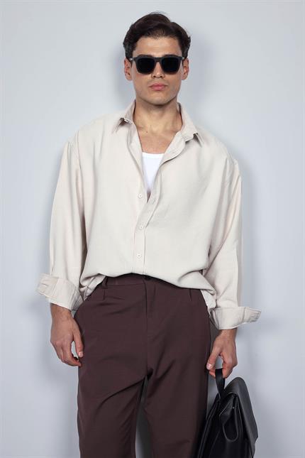 Erkek Oversize Uzun Kollu Basic Gömlek Bej