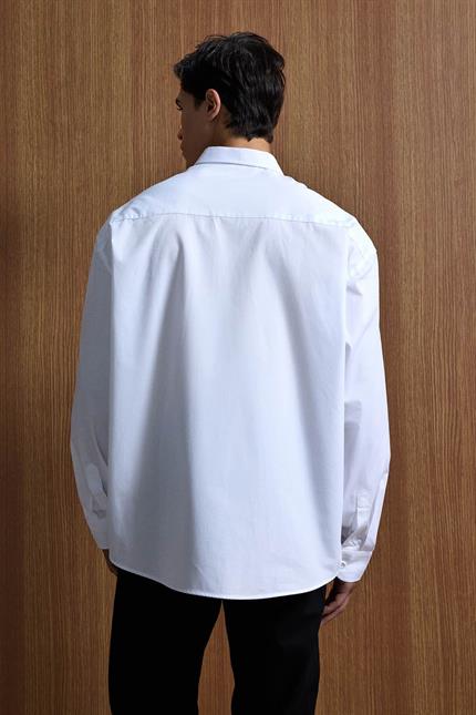 Erkek Oversize Uzun Kollu Basic Gömlek Beyaz