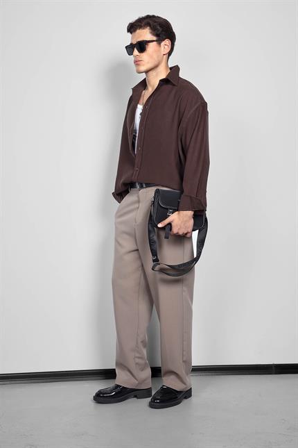 Erkek Oversize Uzun Kollu Basic Gömlek Kahverengi