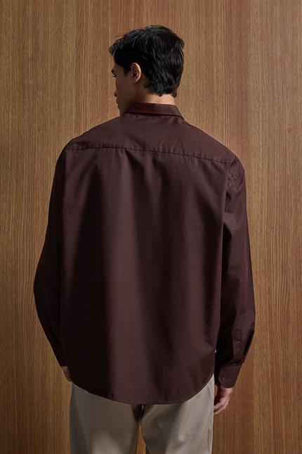 Erkek Oversize Uzun Kollu Basic Gömlek Kahverengi