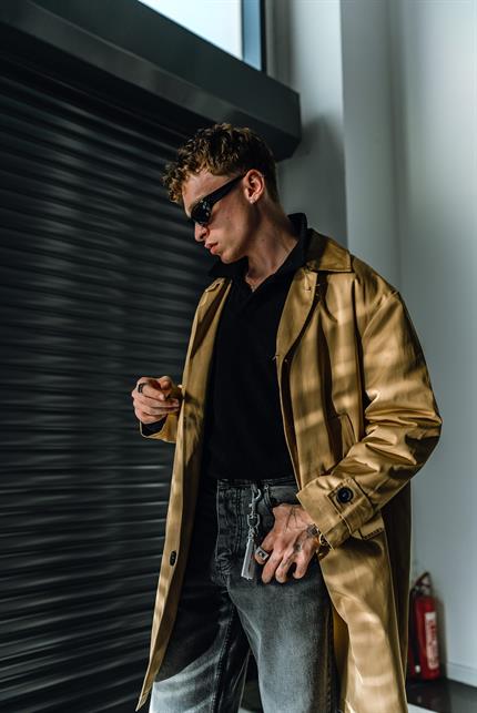 Erkek Oversize Uzun Su Ve Rüzgar Geçirmez Pardesü Trençkot Bej