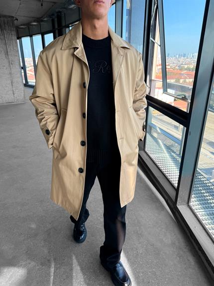 Erkek Oversize Uzun Su Ve Rüzgar Geçirmez Pardesü Trençkot Bej