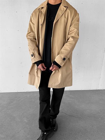 Erkek Oversize Uzun Su Ve Rüzgar Geçirmez Pardesü Trençkot Bej