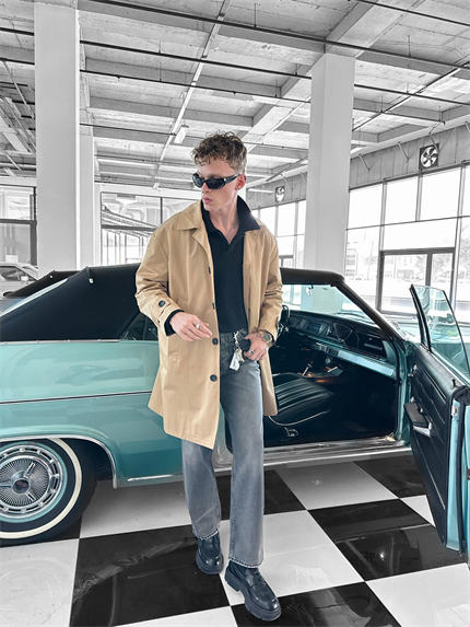 Erkek Oversize Uzun Su Ve Rüzgar Geçirmez Pardesü Trençkot Bej