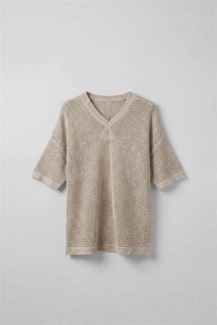 Erkek Oversize V Yaka File T-Shirt Bej