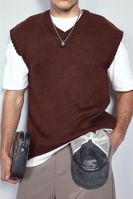 Erkek Oversize V Yaka Triko Süveter Kahve