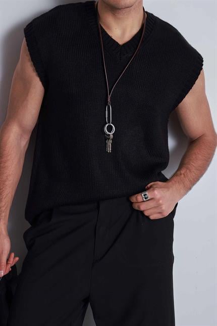 Erkek Oversize V Yaka Triko Süveter Siyah