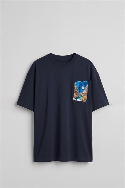 Erkek Oversize Venedik 3D Sırt Baskılı T-Shirt Lacivert