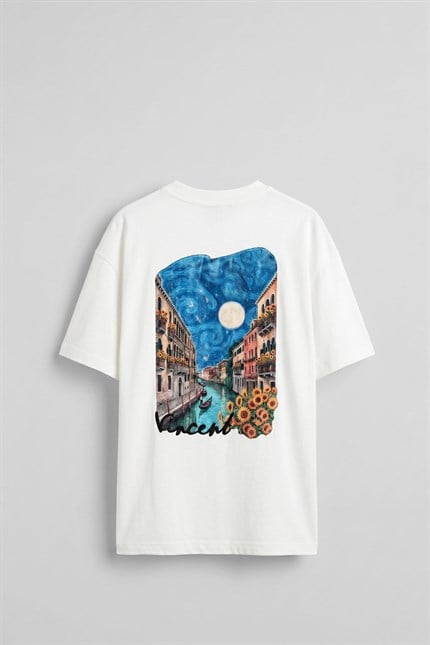 Erkek Oversize Venedik 3D Sırt Baskılı T-Shirt Beyaz