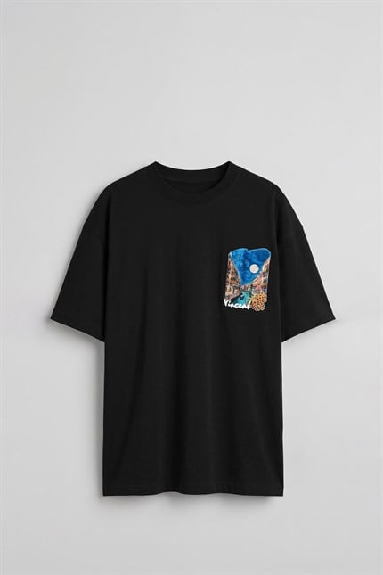 Erkek Oversize Venedik 3D Sırt Baskılı T-Shirt Siyah