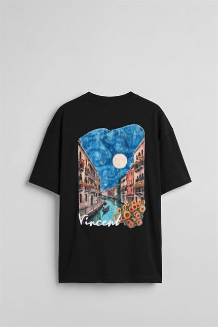 Erkek Oversize Venedik 3D Sırt Baskılı T-Shirt Siyah
