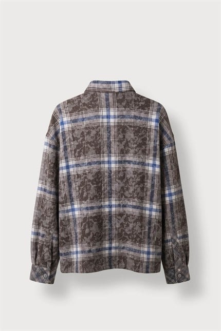 Erkek Oversize Vintage Ekose Uzun Kollu Gömlek Kahverengi