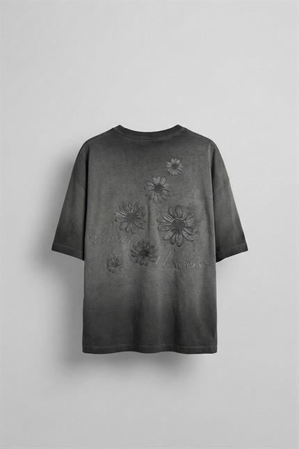 Erkek Oversize Vintage Flawers Desen Baskılı T-Shirt Füme