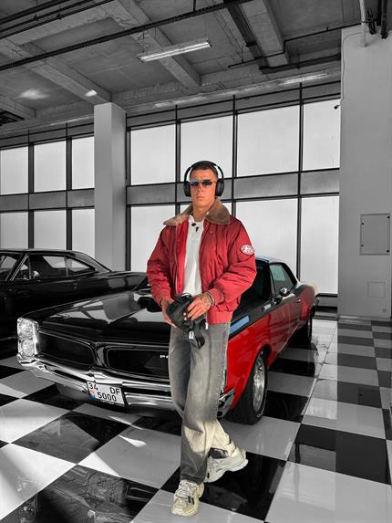 Erkek Oversize Yakalı Fermuarlı Cepli Mont Kırmızı