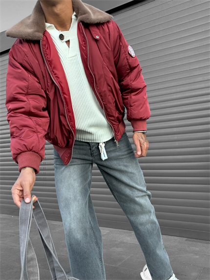 Erkek Oversize Yakalı Fermuarlı Cepli Mont Kırmızı