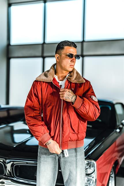 Erkek Oversize Yakalı Fermuarlı Cepli Mont Kırmızı