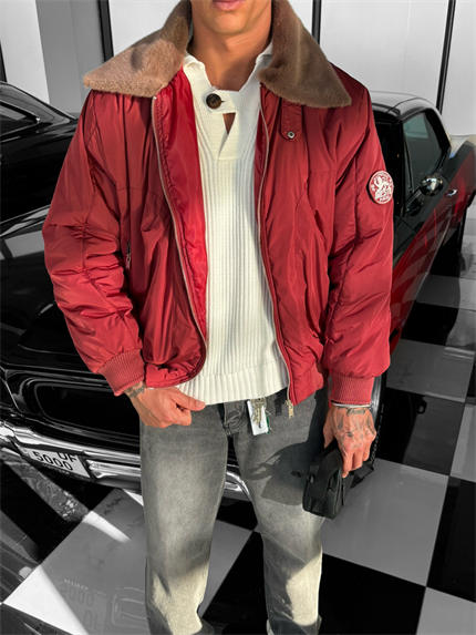 Erkek Oversize Yakalı Fermuarlı Cepli Mont Kırmızı