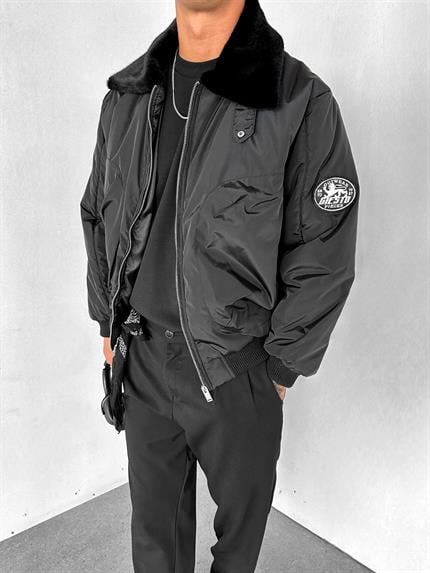 Erkek Oversize Yakalı Fermuarlı Cepli Mont Siyah